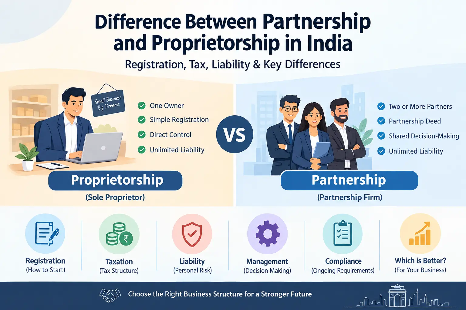 Difference Between Partnership and Proprietorship in India: Registration, Tax, Liability &amp; Key Differences