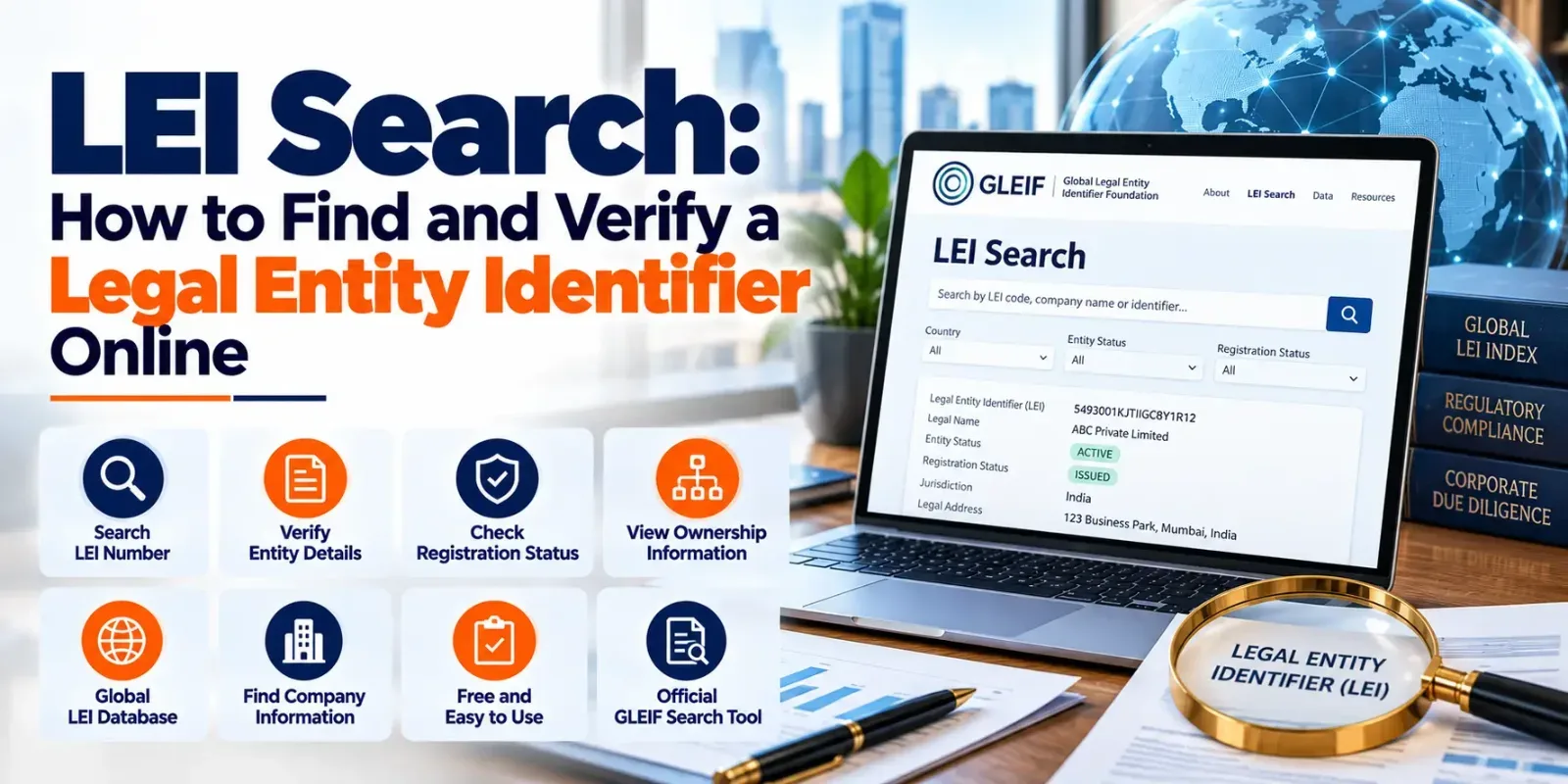 LEI Search guide showing how to find and verify a Legal Entity Identifier online