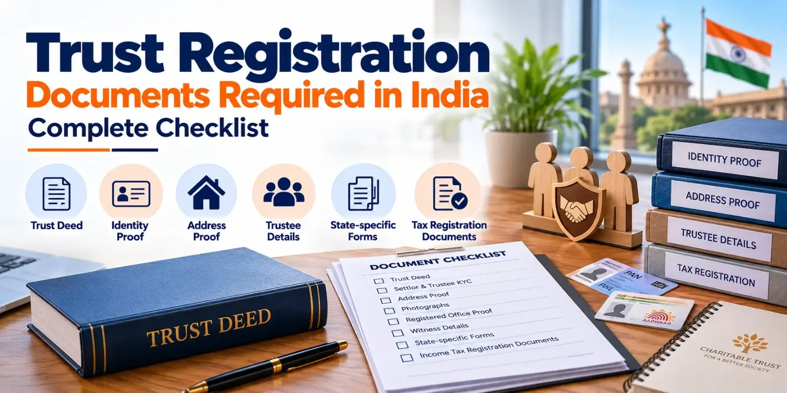 Trust Registration in India infographic showing required documents, trust deed, identity proofs, address proof