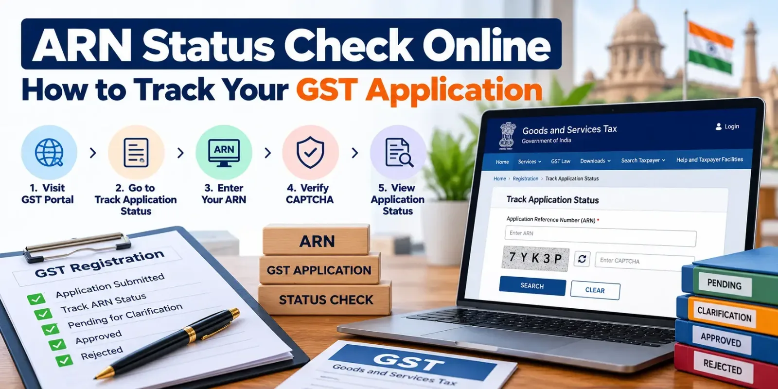 ARN Status Check Online infographic showing steps to track GST application status through the GST Portal using an ARN.