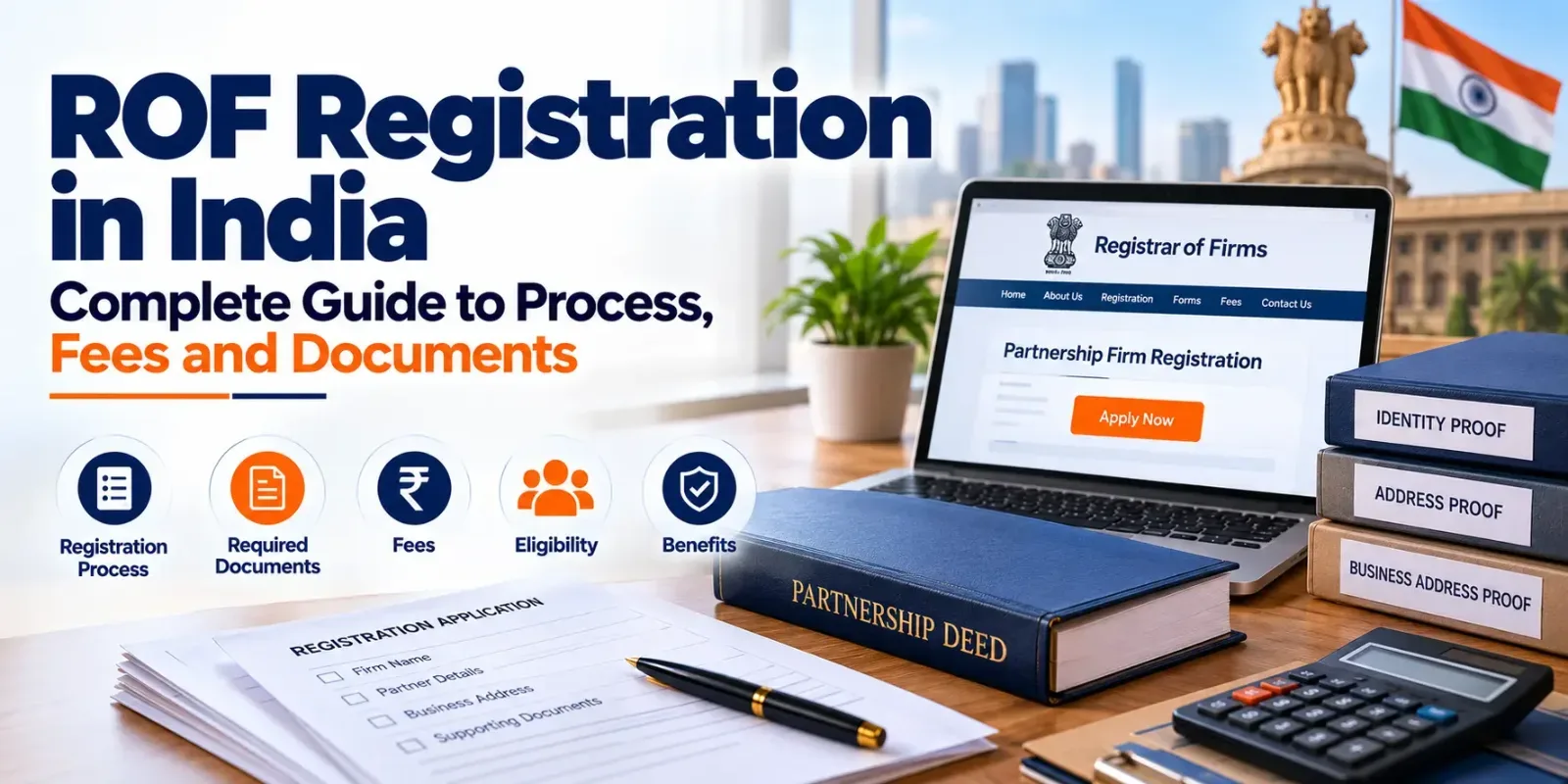 ROF Registration in India guide showing the registration process, fees, required documents, eligibility, & partnership deed.